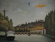 View of the Pont Sevres and the Hills of Clamart, Saint-Cloud, and Bellevue with Biplane, Ballon and Dirigible By Henri Rousseau Henri Rousseau